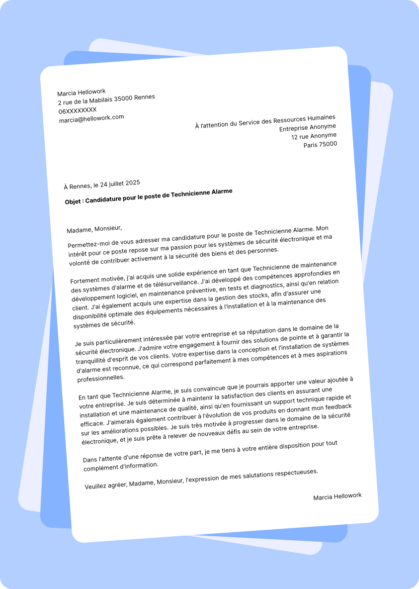 Modèle lettre de motivation Technicien alarme Exemple lettre de motivation Technicien alarme