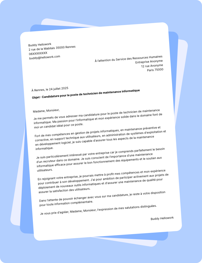 Modèle lettre de motivation Technicien de maintenance en informatique Exemple lettre de motivation Technicien de maintenance en informatique