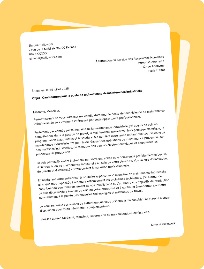 Exemple lettre de motivation Technicien de maintenance industrielle