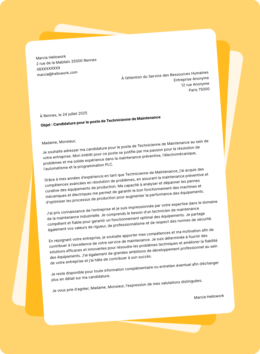 Exemple lettre de motivation Technicien de maintenance