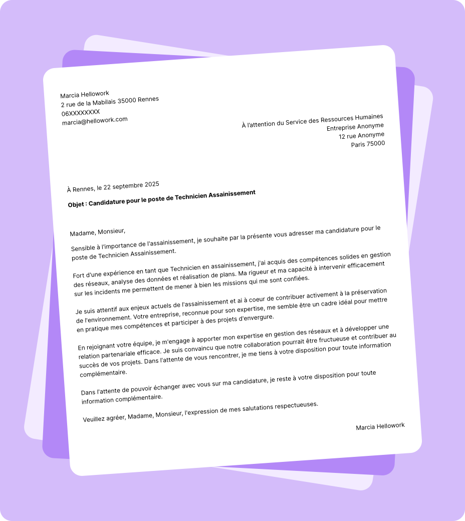 Exemple lettre de motivation Technicien assainissement