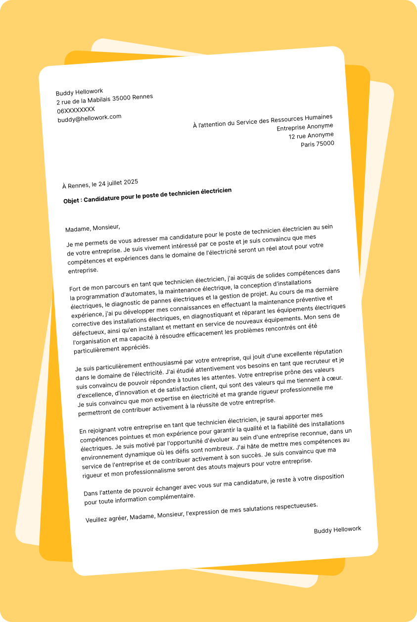 Modèle lettre de motivation Technicien électricien Exemple lettre de motivation Technicien électricien