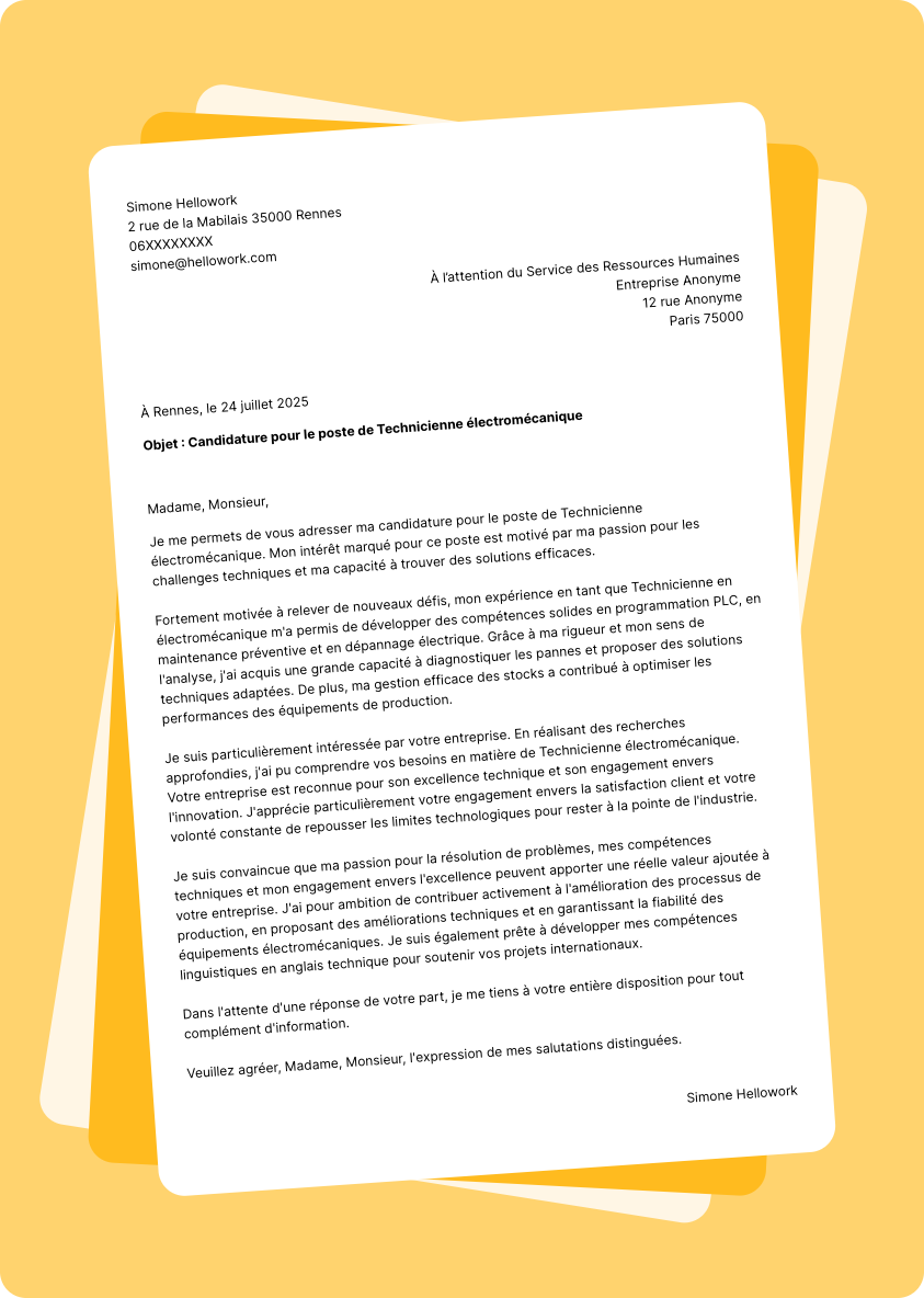 Exemple lettre de motivation Technicien en électromécanique