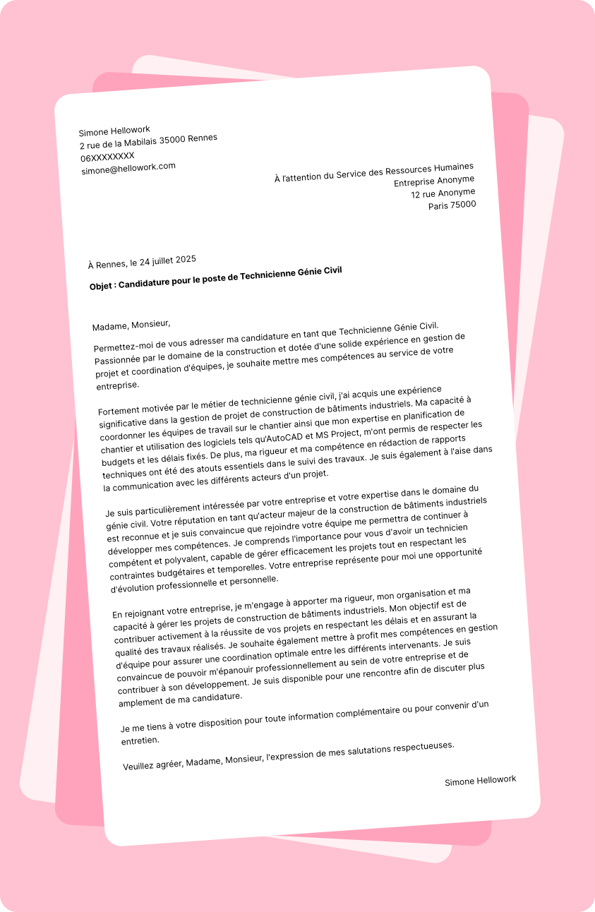 Modèle lettre de motivation Technicien génie civil Exemple lettre de motivation Technicien génie civil