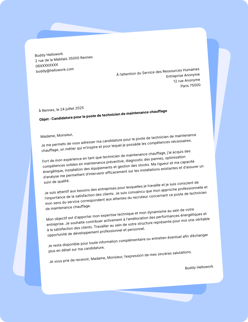 Modèle lettre de motivation Technicien de maintenance chauffage Exemple lettre de motivation Technicien de maintenance chauffage