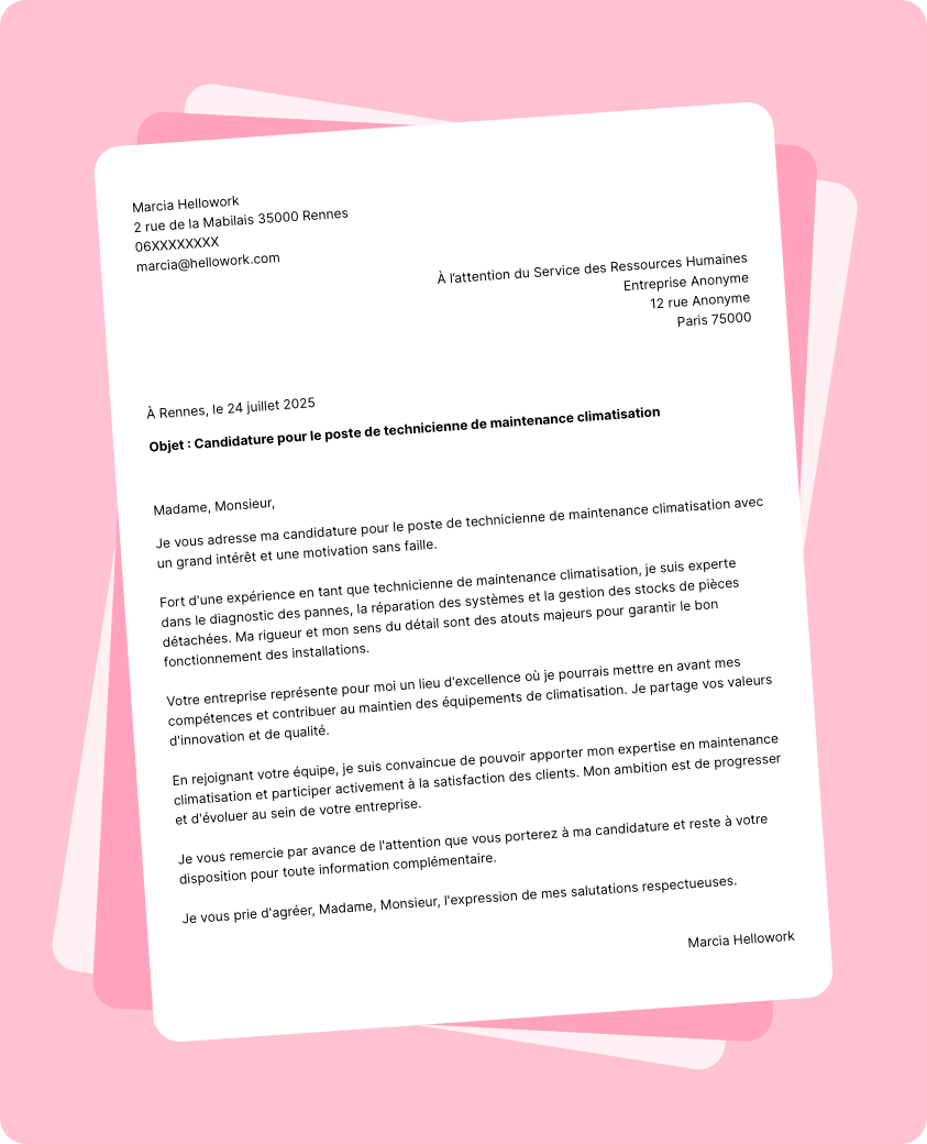 Exemple lettre de motivation Technicien de maintenance climatisation
