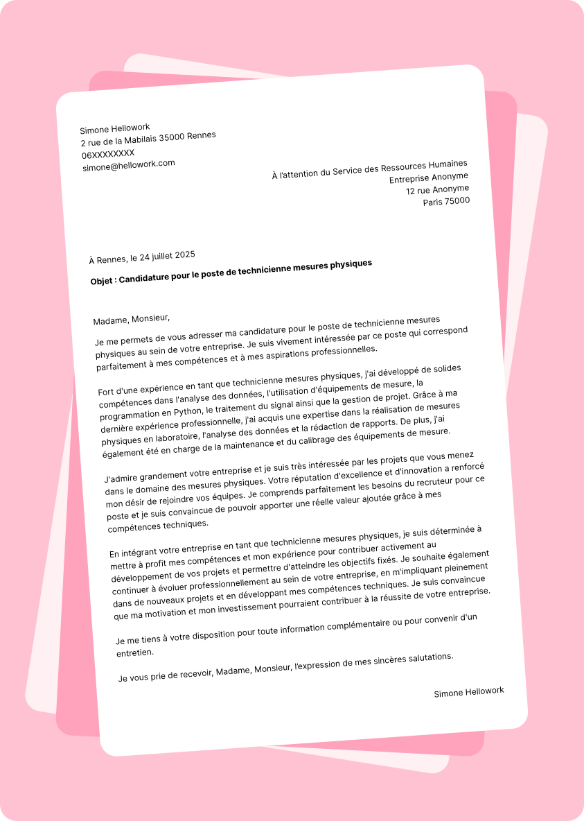 Modèle lettre de motivation Technicien mesures physiques Exemple lettre de motivation Technicien mesures physiques
