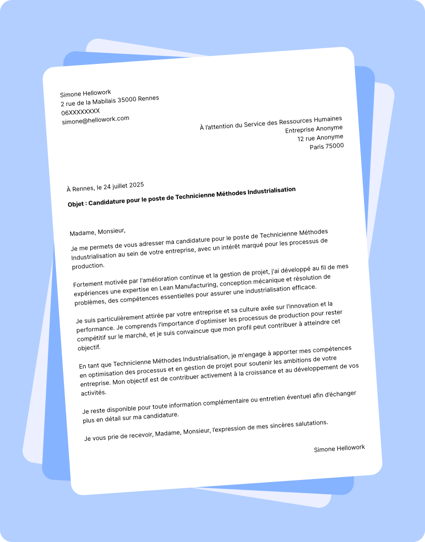 Modèle lettre de motivation Technicien méthodes industrialisation Exemple lettre de motivation Technicien méthodes industrialisation