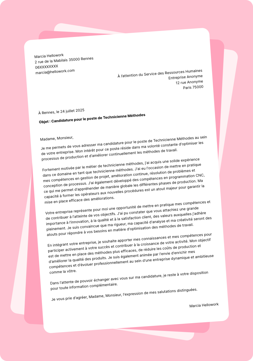 Exemple lettre de motivation Technicien méthodes