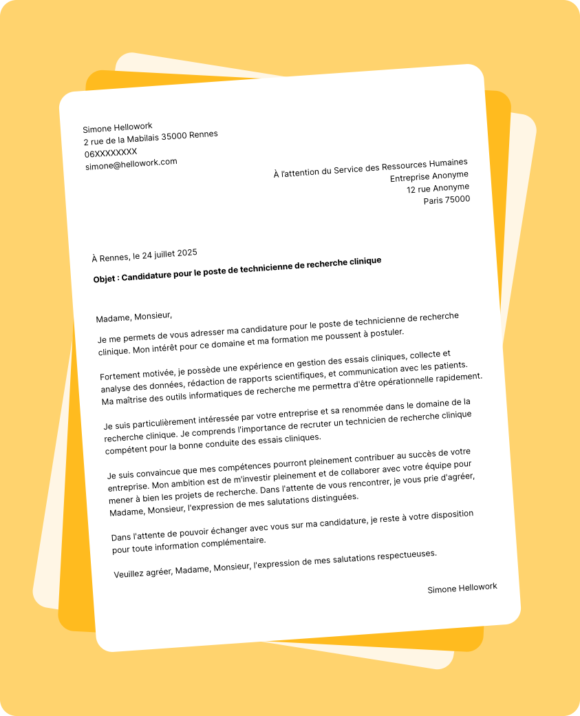 Exemple lettre de motivation Technicien de recherche clinique