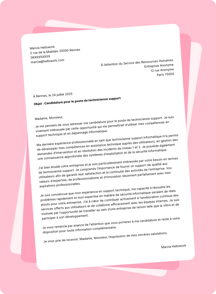 Exemple lettre de motivation Technicien support