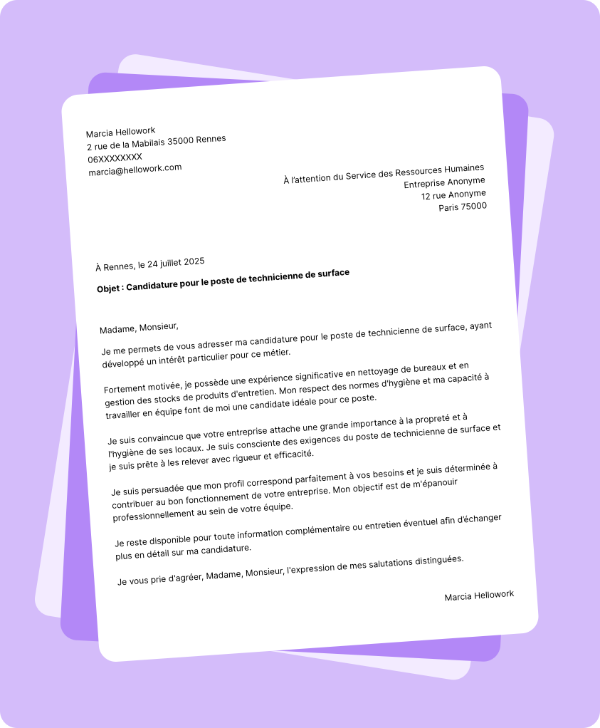 Modèle lettre de motivation Technicien de surface Exemple lettre de motivation Technicien de surface