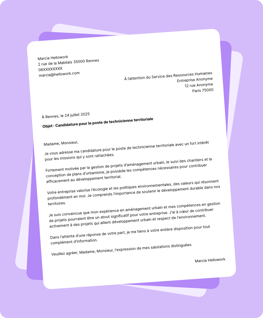 Exemple lettre de motivation Technicien territorial