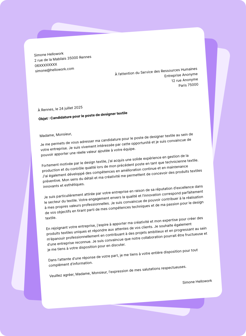 Exemple lettre de motivation Technicien textile