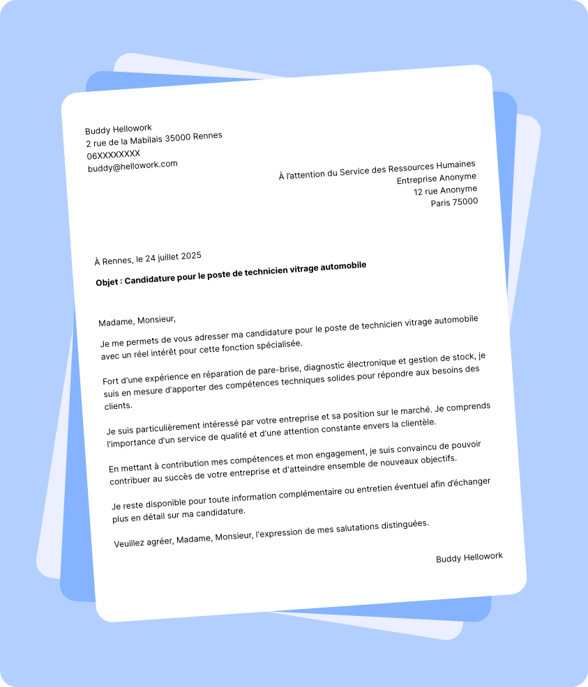 Modèle lettre de motivation Technicien vitrage automobile Exemple lettre de motivation Technicien vitrage automobile