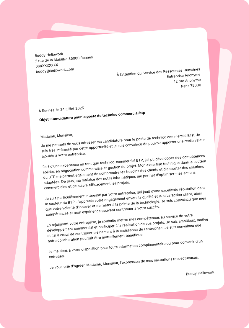 Modèle lettre de motivation Technico commercial BTP Exemple lettre de motivation Technico commercial BTP