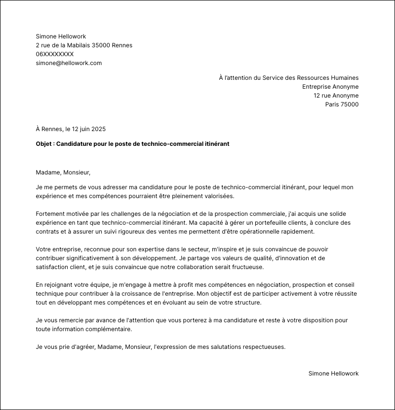Modèle lettre de motivation Technico-commercial itinérant Exemple lettre de motivation Technico-commercial itinérant