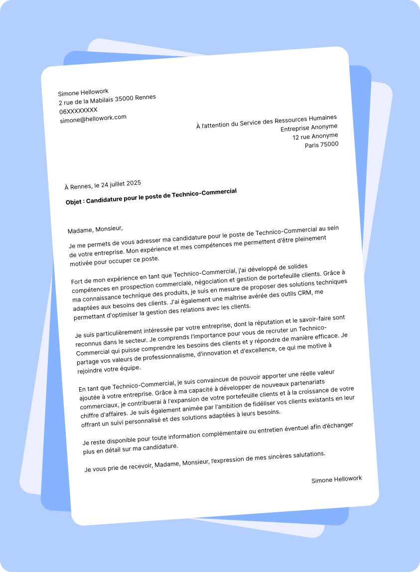 Modèle lettre de motivation Technico-commercial Exemple lettre de motivation Technico-commercial