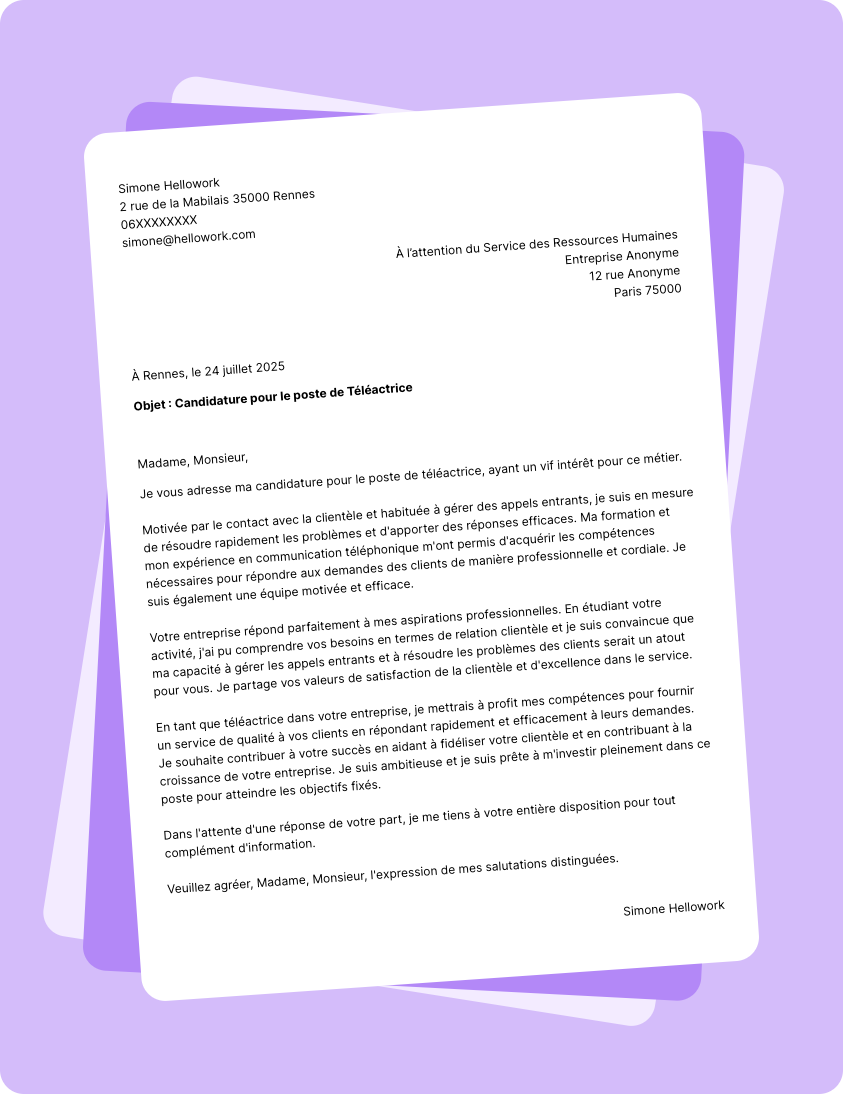 Modèle lettre de motivation Téléacteur Exemple lettre de motivation Téléacteur