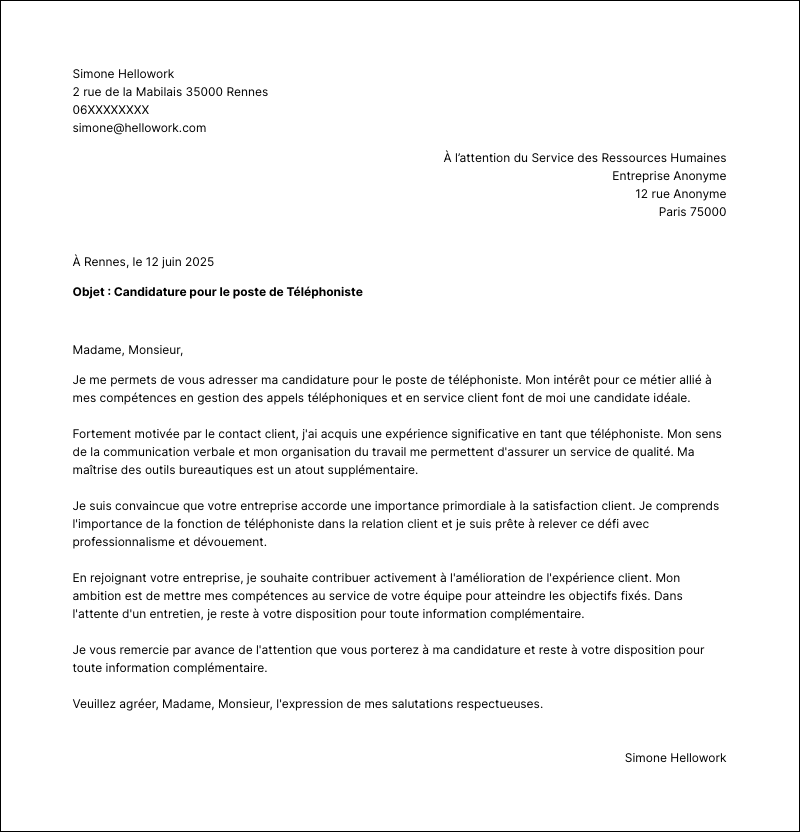Modèle lettre de motivation Téléphoniste Exemple lettre de motivation Téléphoniste
