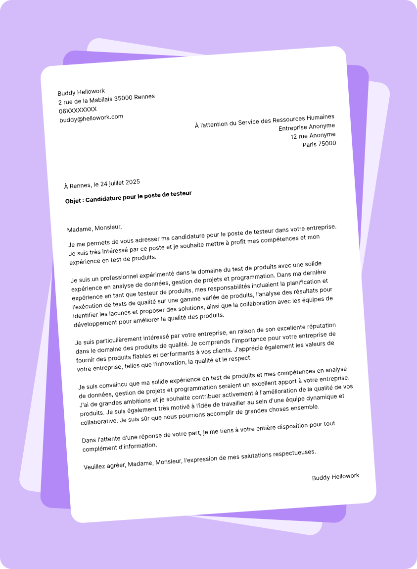 Modèle lettre de motivation Testeur de produits Exemple lettre de motivation Testeur de produits