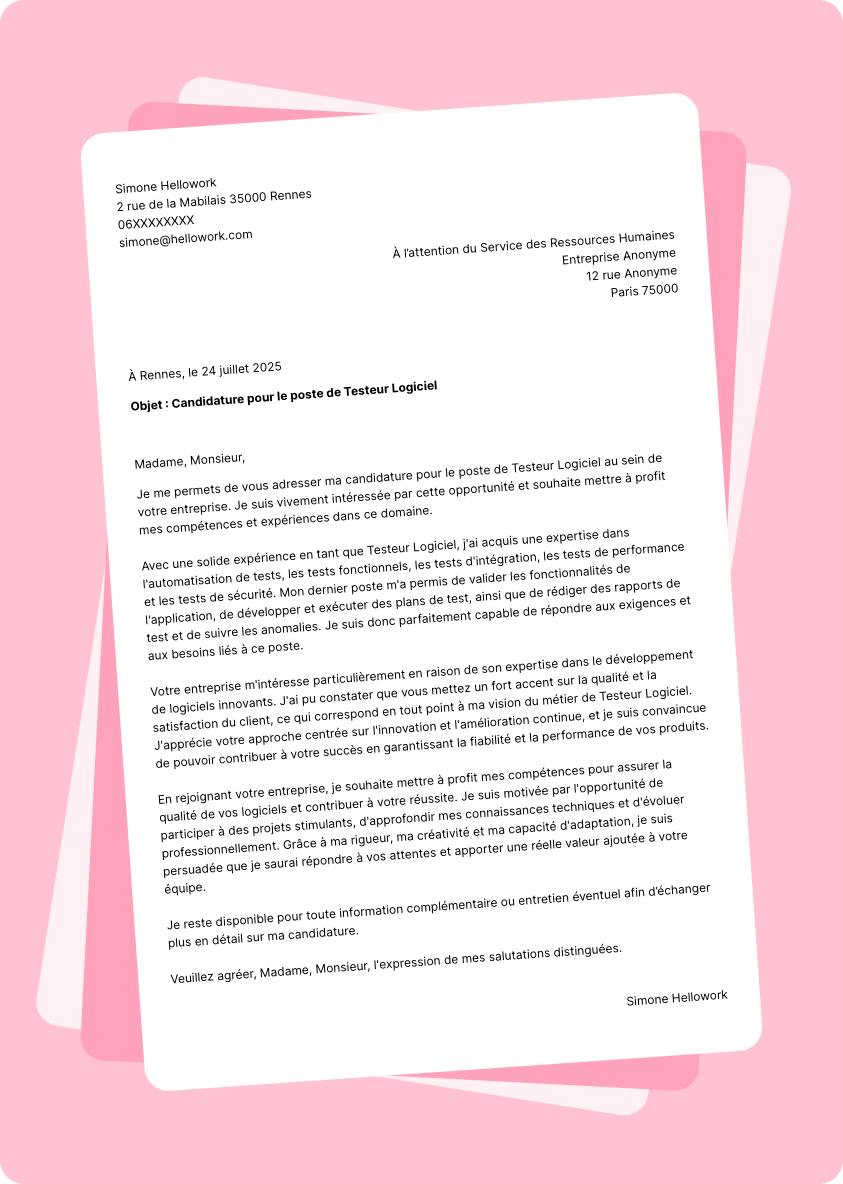 Exemple lettre de motivation Testeur logiciel