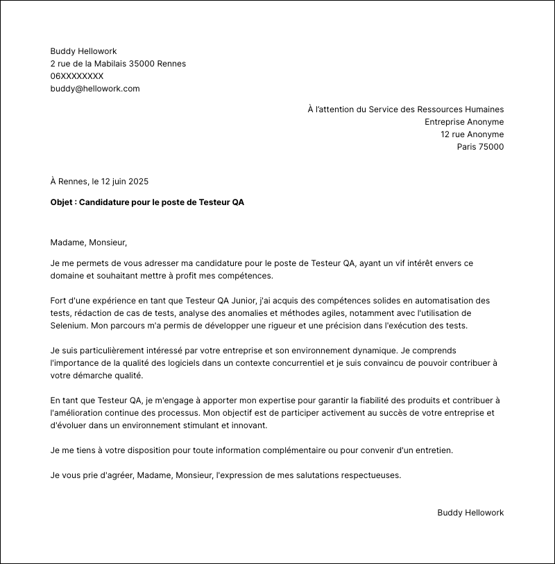 Modèle lettre de motivation Testeur QA Exemple lettre de motivation Testeur QA