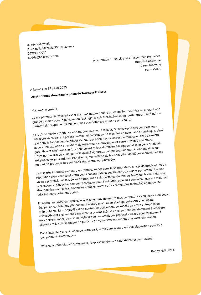 Exemple lettre de motivation Tourneur fraiseur