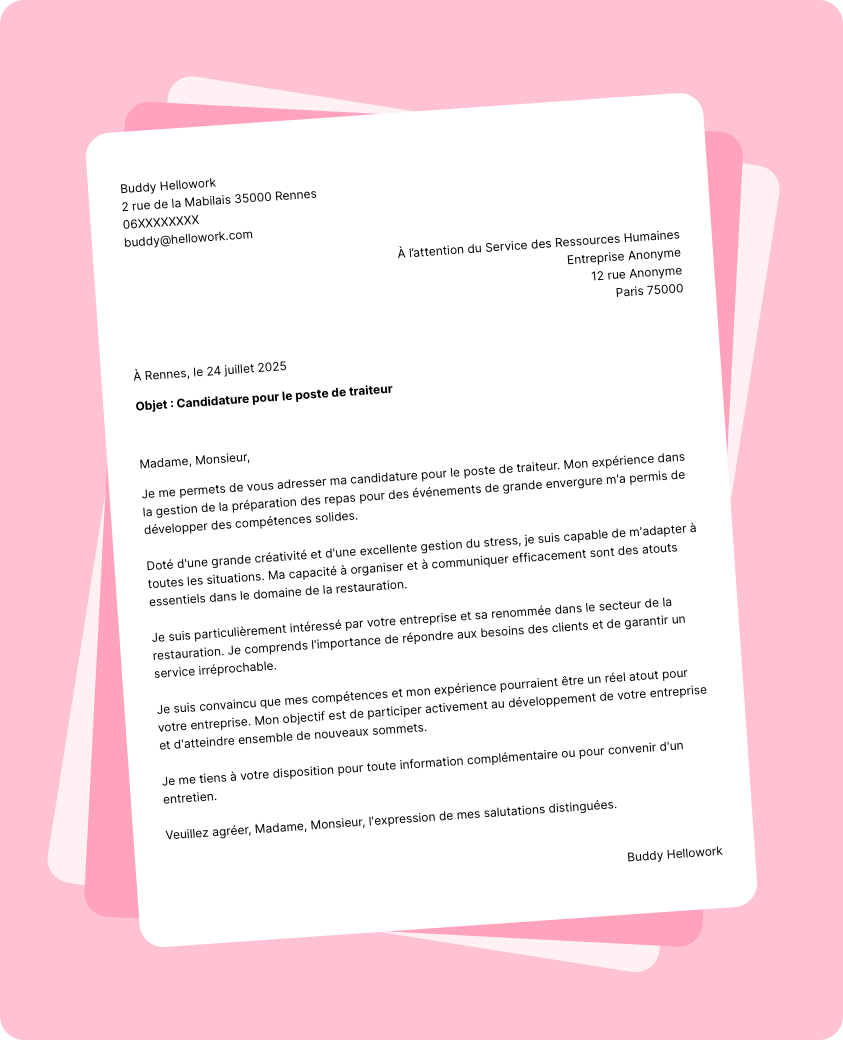 Exemple lettre de motivation Traiteur