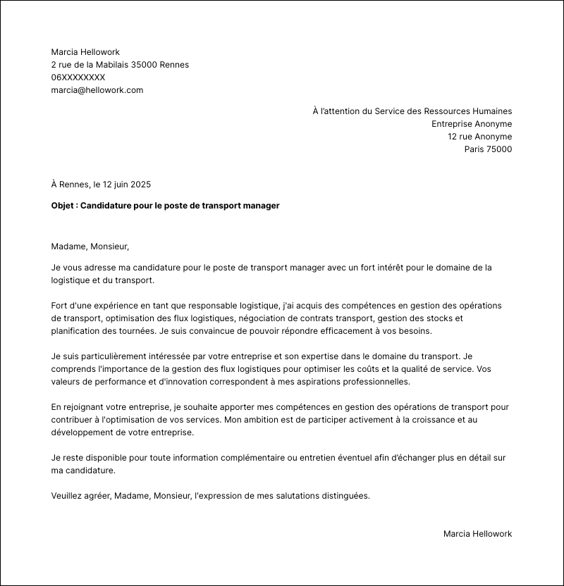 Exemple lettre de motivation Transport manager