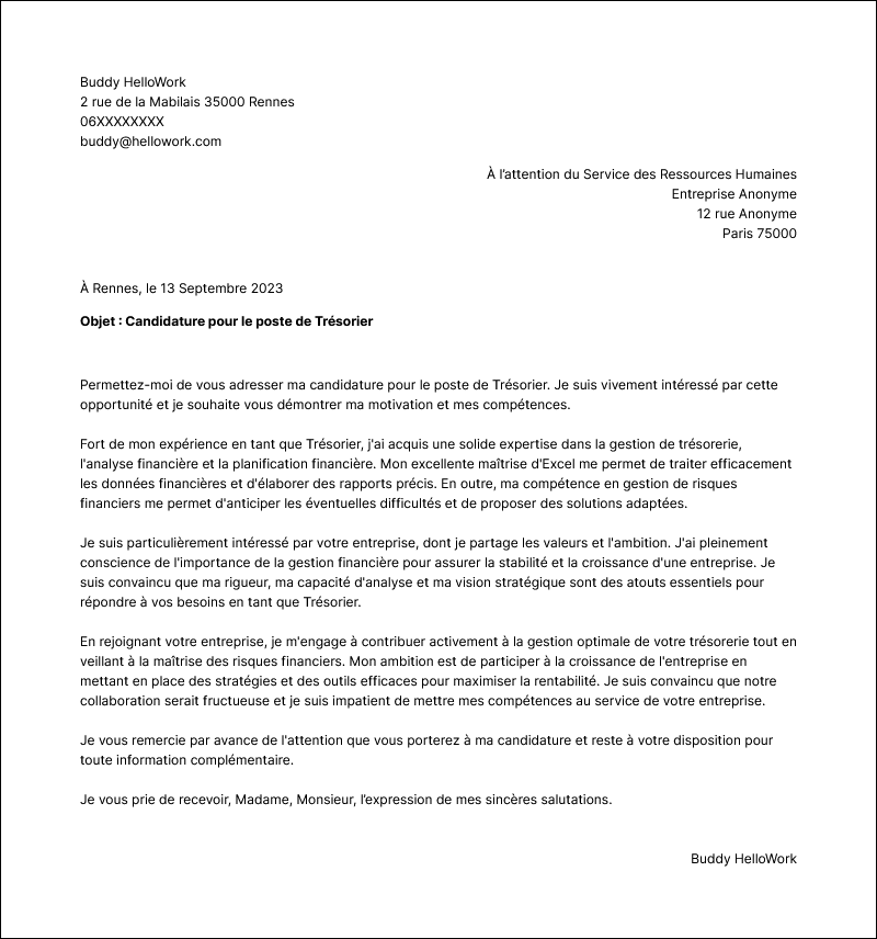Modèle lettre de motivation Trésorier Exemple lettre de motivation Trésorier