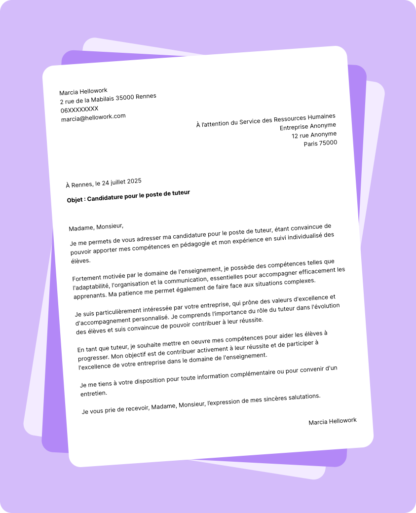Exemple lettre de motivation Tuteur