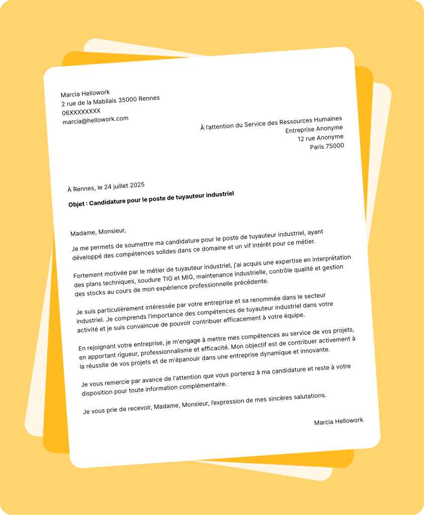 Exemple lettre de motivation Tuyauteur industriel