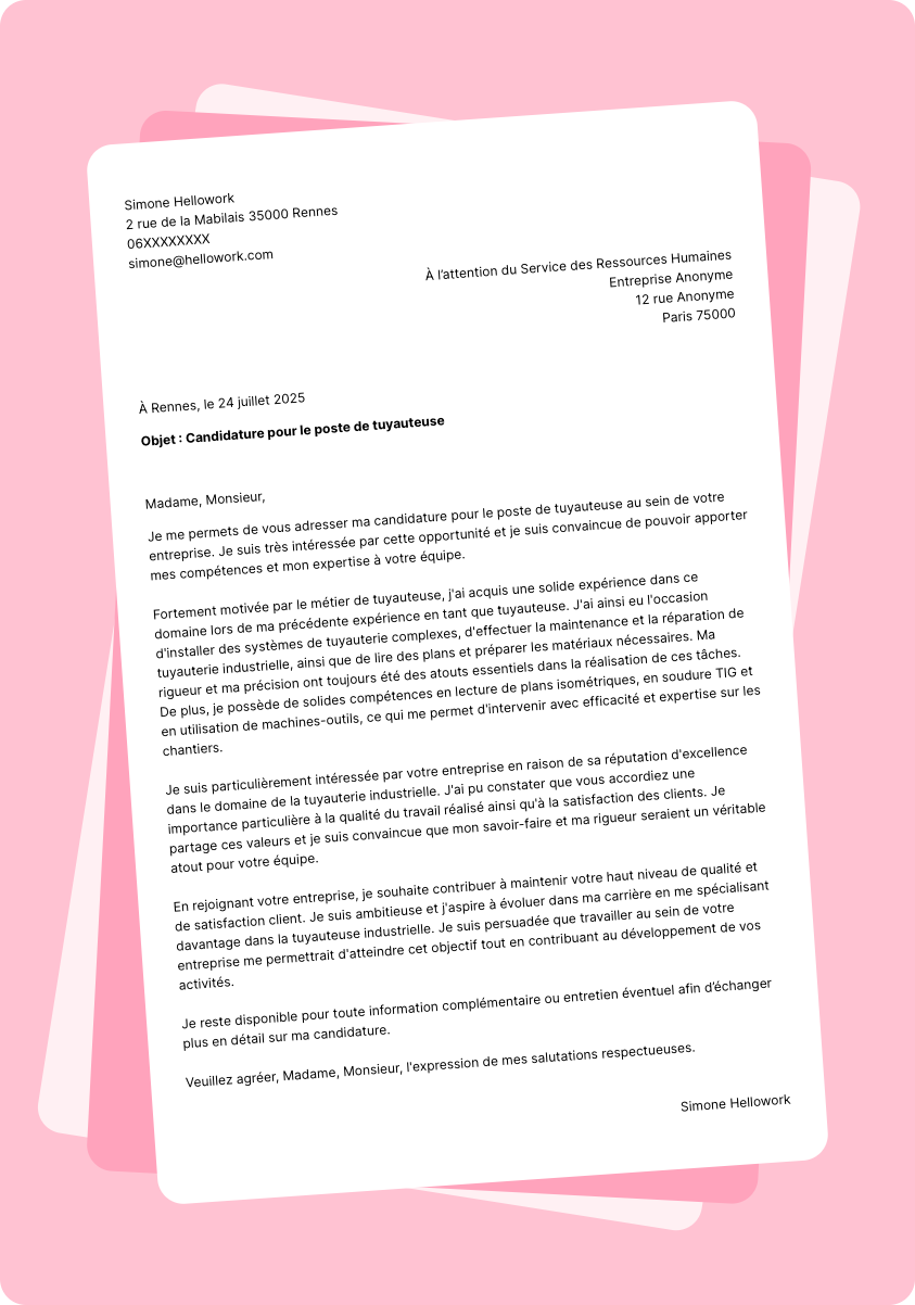 Exemple lettre de motivation Tuyauteur