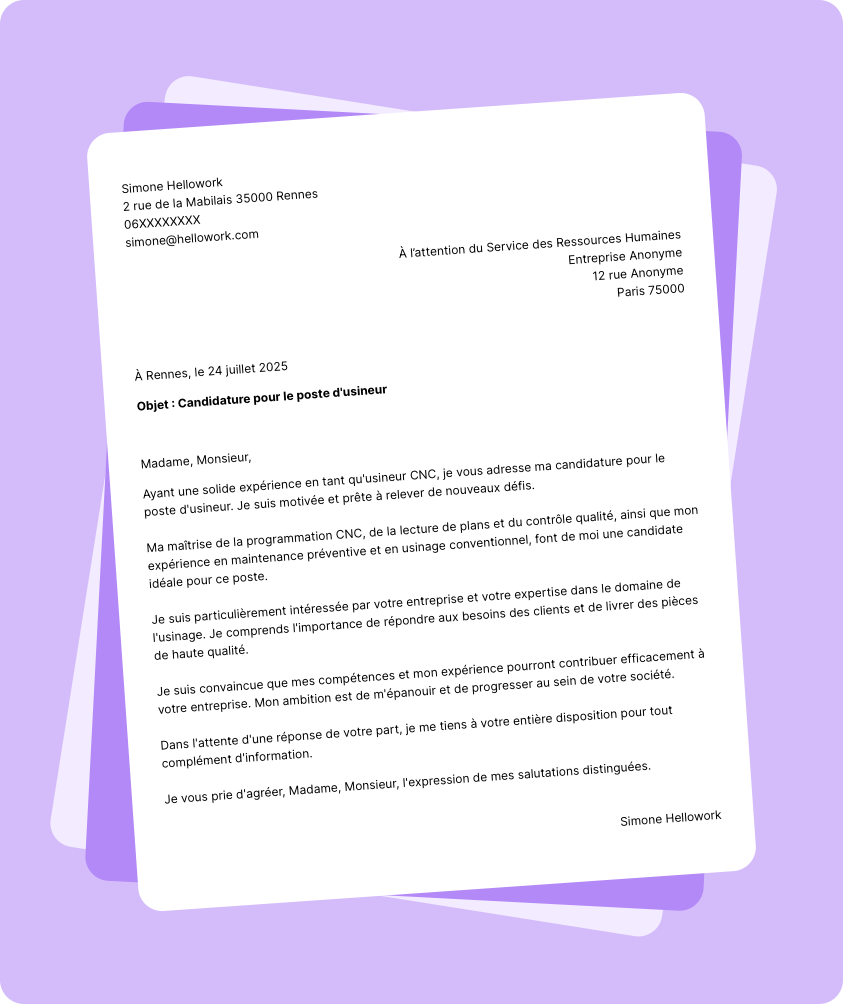 Exemple lettre de motivation Usineur