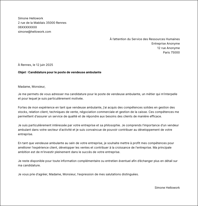 Modèle lettre de motivation Vendeur ambulant Exemple lettre de motivation Vendeur ambulant