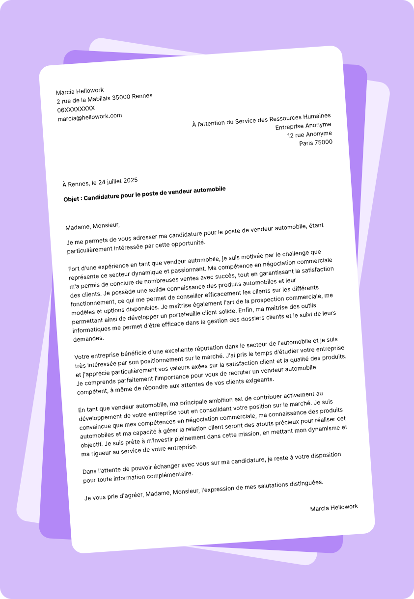 Exemple lettre de motivation Vendeur automobile