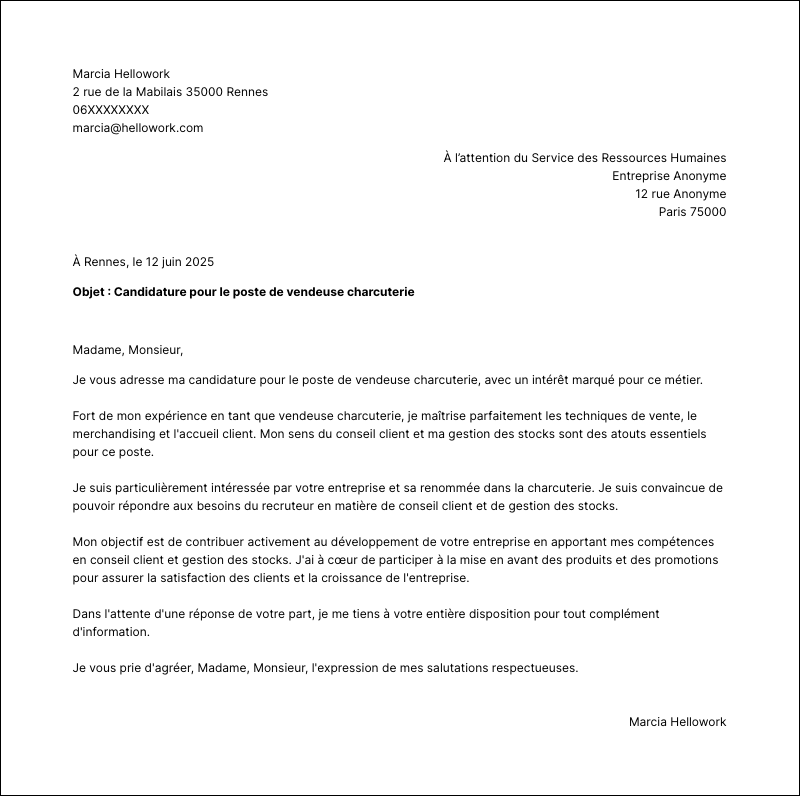 Modèle lettre de motivation Vendeur charcuterie Exemple lettre de motivation Vendeur charcuterie