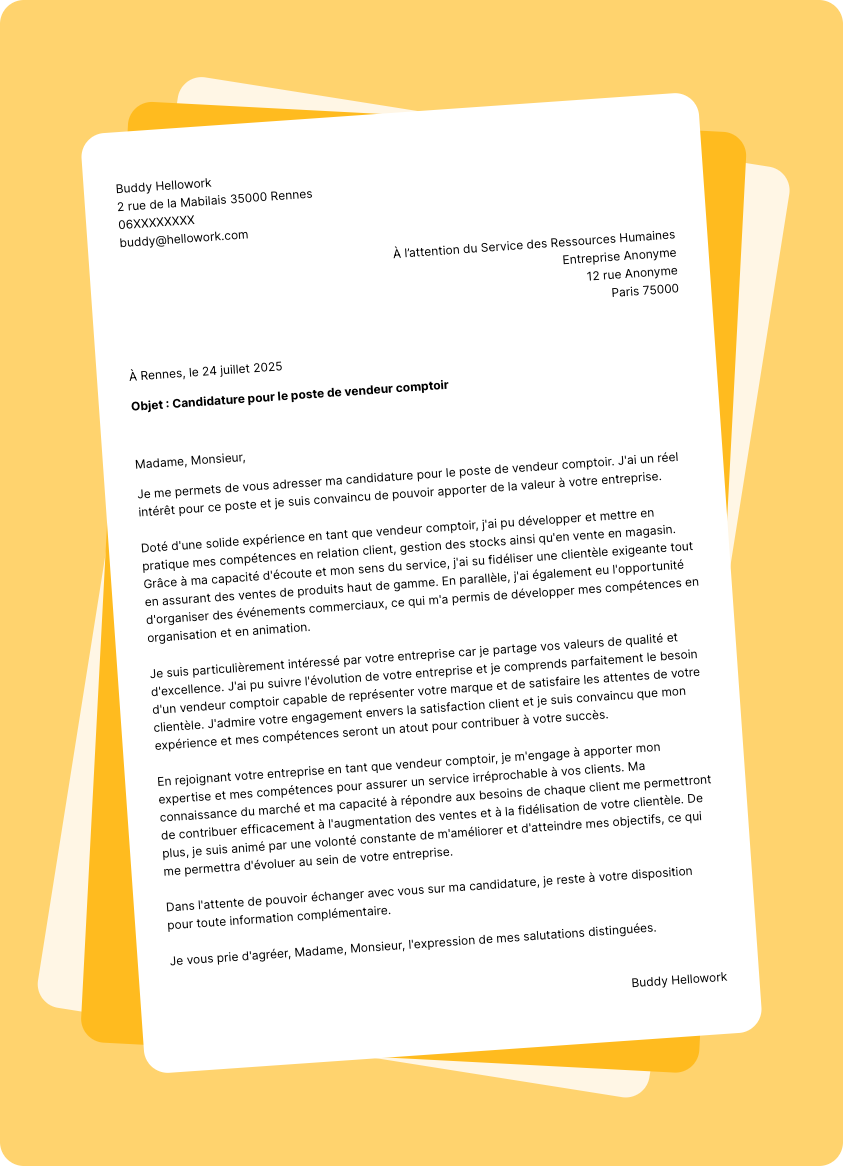 Modèle lettre de motivation Vendeur comptoir Exemple lettre de motivation Vendeur comptoir