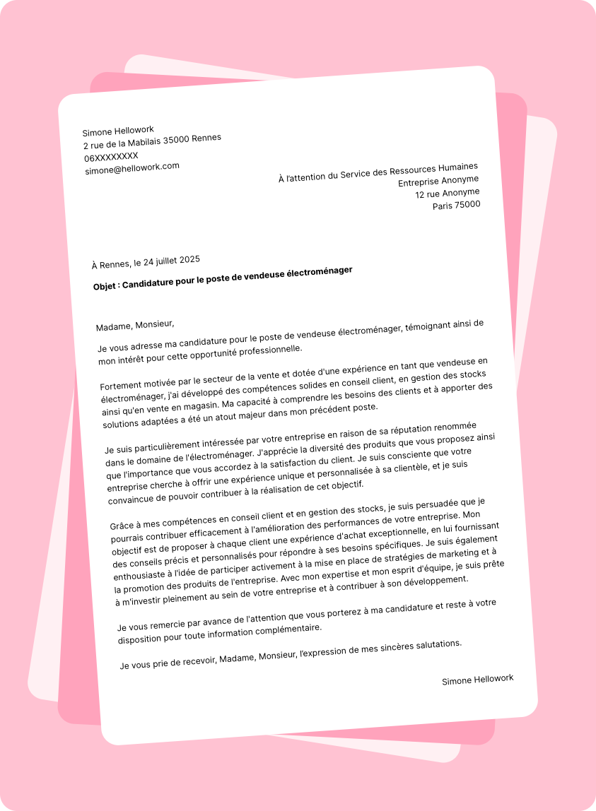 Modèle lettre de motivation Vendeur en électroménager Exemple lettre de motivation Vendeur en électroménager