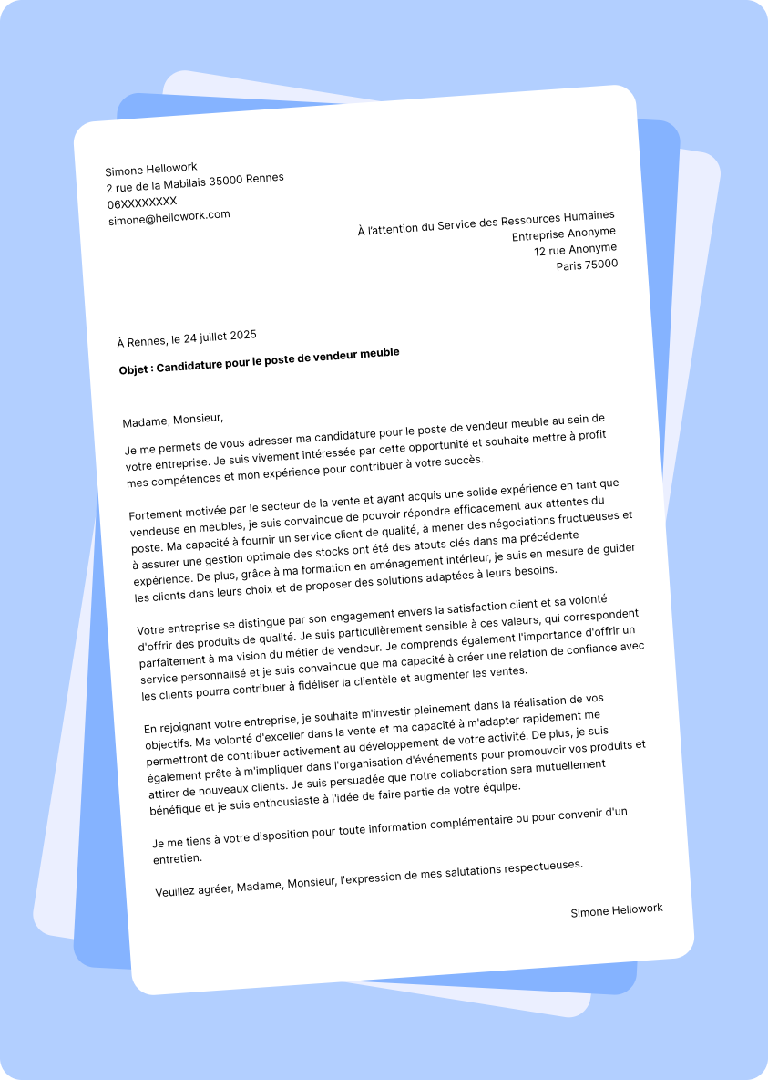 Modèle lettre de motivation Vendeur de meubles Exemple lettre de motivation Vendeur de meubles
