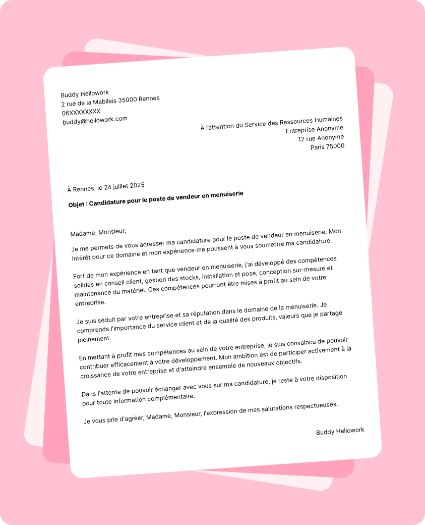 Modèle lettre de motivation Vendeur en menuiserie Exemple lettre de motivation Vendeur en menuiserie