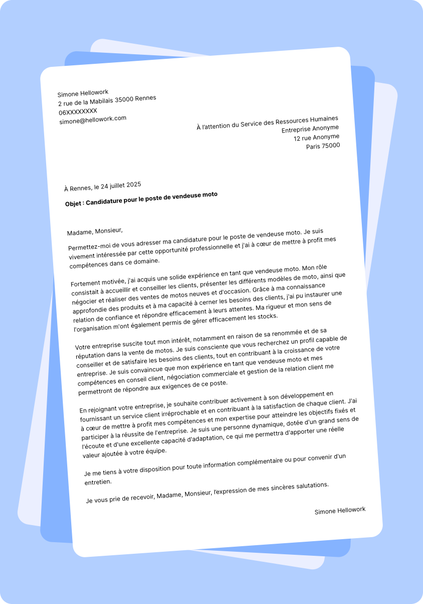 Exemple lettre de motivation Vendeur moto