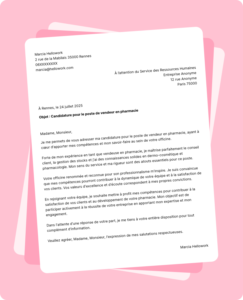 Modèle lettre de motivation Vendeur en pharmacie Exemple lettre de motivation Vendeur en pharmacie