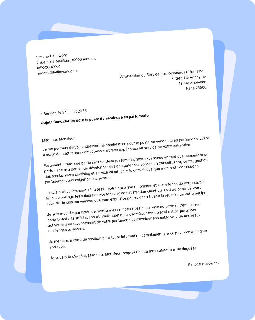 Exemple lettre de motivation Vendeuse en parfumerie
