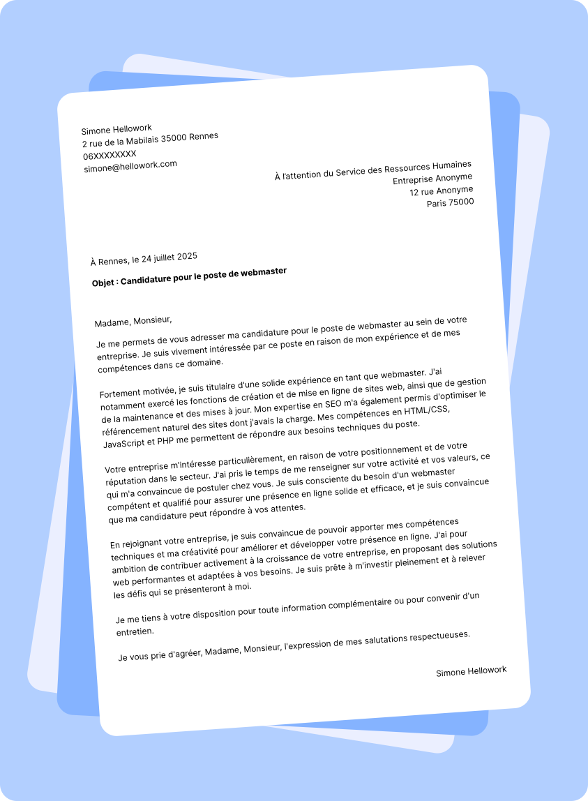 Exemple lettre de motivation Webmaster