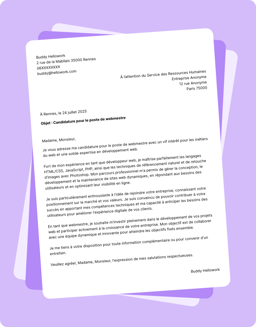 Exemple lettre de motivation Webmestre