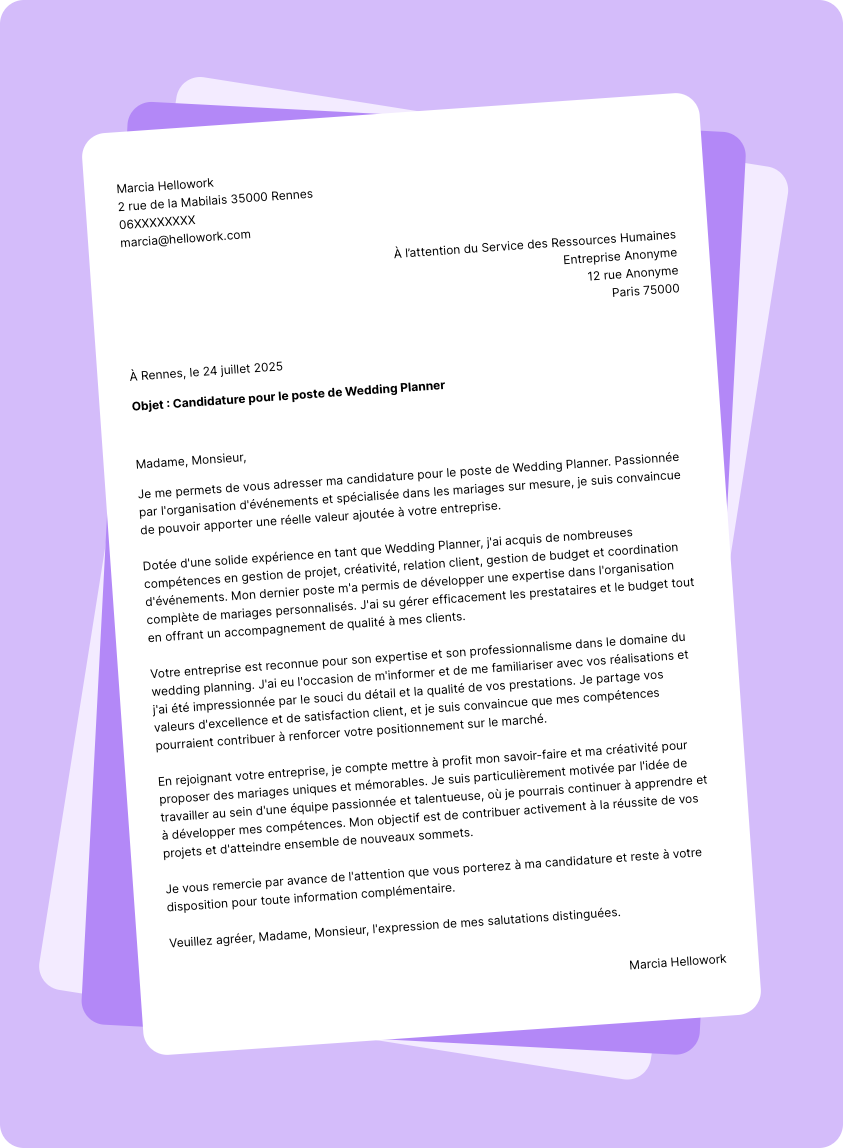 Exemple lettre de motivation Wedding planner