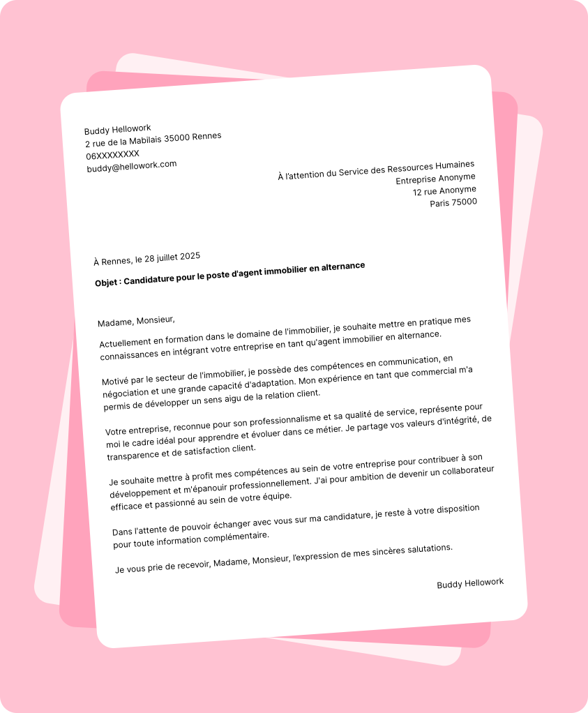 Modèle lettre de motivation Agent immobilier en alternance Exemple lettre de motivation Agent immobilier en alternance