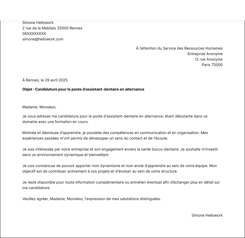 Modèle lettre de motivation Assistante dentaire en alternance Exemple lettre de motivation Assistante dentaire en alternance